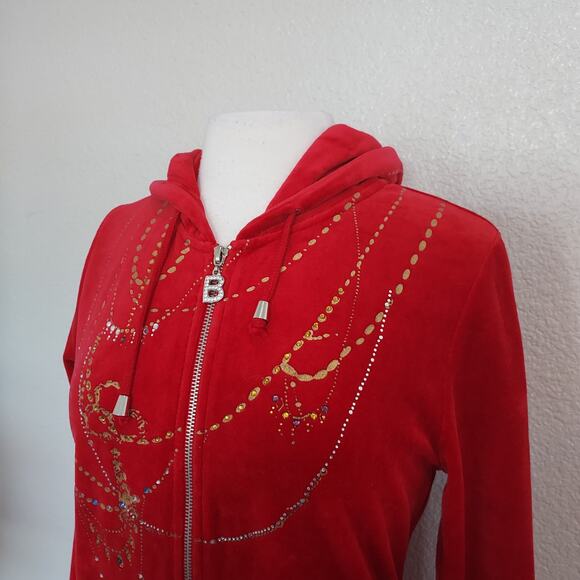 Y2K BCBG Maxazria Red Velour Zip Hoodie w/Rhinestones Size L - Picture 6 of 13
